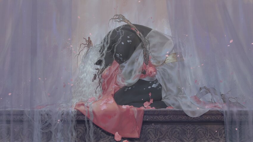 1boy bare_shoulders bed black_skin colored_skin commentary_request covered_face curtains dissolving facing_down from_side highres hugging_object long_hair long_sleeves monster_boy monster_girl mounting off_shoulder on_bed original petals pink_robe plant plant_girl plant_roots pointy_ears robe sash scales seiza sitting solo_focus very_long_hair wavy_hair white_hair white_robe zzzi_gn
