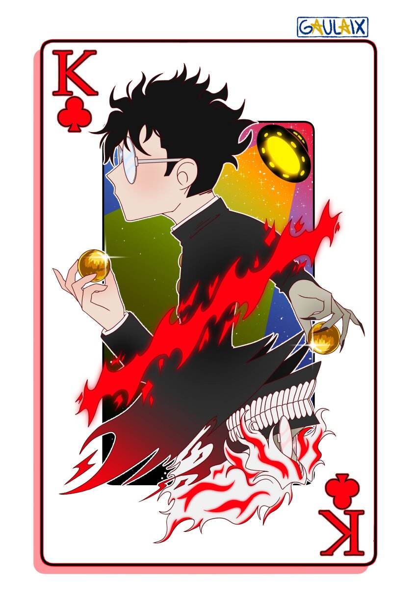 1boy absurdres alternate_form artist_name ball black_hair black_jacket card card_(medium) club_(shape) commentary dandadan english_commentary gakuran gaulaix glasses glint highres holding holding_ball jacket king_(playing_card) king_of_clubs long_sleeves male_focus multicolored_hair playing_card profile red_hair round_eyewear school_uniform short_hair solo symmetry takakura_ken_(dandadan) takakura_ken_(transformed)_(dandadan) tractor_beam transformation two-tone_hair ufo upper_body upside-down white_hair