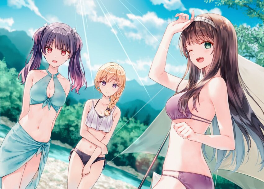 3girls ;d aqua_sarong arms_behind_back ayase_saki bikini black_bikini blonde_hair braid breasts brown_hair cleavage cleavage_cutout closed_mouth clothing_cutout collarbone commentary_request criss-cross_halter dutch_angle gimai_seikatsu green_eyes hairband halterneck hiten_(hitenkei) kozono_erina layered_bikini light_rays long_hair looking_at_viewer medium_breasts mountain multiple_girls navel official_art one_eye_closed open_mouth outdoors purple_bikini purple_eyes purple_hair red_eyes sarong second-party_source sideboob single_braid smile stomach swimsuit twintails white_hairband yomiuri_shiori