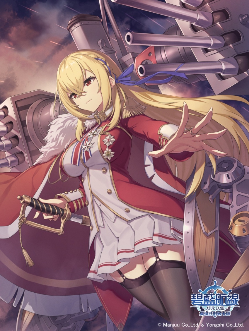 1girl azur_lane black_garter_straps black_thighhighs blonde_hair blue_ribbon breasts cape copyright_name cowboy_shot dutch_angle fur-trimmed_cape fur_trim garter_straps gold_trim hair_between_eyes hair_ribbon highres holding holding_sword holding_weapon jacket king_george_v_(azur_lane) large_breasts long_hair medal miniskirt nishikawa_eito outstretched_arm pleated_skirt red_eyes red_jacket ribbon rigging sheath ship_turret skirt solo sword thighhighs unsheathing weapon white_skirt zettai_ryouiki