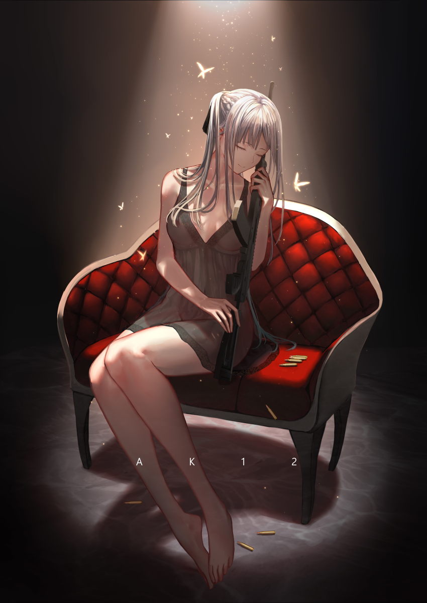 1girl absurdres ak-12 ak-12_(girls&#039;_frontline) assault_rifle black_chemise breasts bullet chair character_name chemise closed_eyes convenient_censoring duoyuanjun female_focus full_body girls&#039;_frontline gun hair_censor highres holding holding_gun holding_weapon kalashnikov_rifle kayakooooo long_hair medium_breasts navel rifle see-through_clothes sidelocks silver_hair sitting smile solo spaghetti_strap very_long_hair weapon