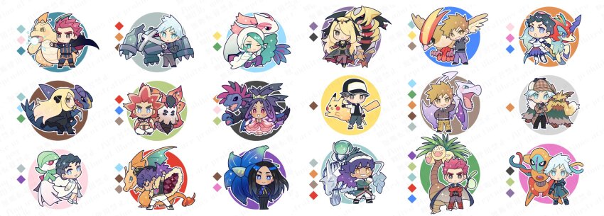 4girls 6+boys aerodactyl alder_(pokemon) alolan_exeggutor alolan_form arm_up armor belt black_cape black_coat black_hair black_pants blonde_hair blue_eyes blue_oak brown_hair calyrex calyrex_(rider) cape charizard charizard_pose chibi chibi_only closed_mouth coat commentary_request crossed_arms cynthia_(pokemon) cynthia_(sygna_suit)_(renegade)_(pokemon) deoxys diantha_(pokemon) diantha_(special_costume)_(pokemon) dragonite garchomp gardevoir geeta_(pokemon) gen_1_pokemon gen_3_pokemon gen_4_pokemon gen_5_pokemon gen_7_pokemon gen_8_pokemon giratina glastrier glimmora green_hair green_hat hair_ornament hair_rings hat highres hydreigon iris_(pokemon) jacket keldeo lance_(pokemon) legendary_pokemon leon_(holiday_2021)_(pokemon) leon_(pokemon) long_hair looking_at_viewer metagross milotic multiple_boys multiple_girls mythical_pokemon nintendo open_clothes open_jacket outstretched_arm pants pidgeot pikachu pointing pokemon pokemon_(creature) pokemon_bw pokemon_bw2 pokemon_dppt pokemon_emerald pokemon_frlg pokemon_hgss pokemon_lgpe pokemon_masters_ex pokemon_oras pokemon_rse pokemon_sv pokemon_swsh pokemon_xy purple_pants red_(pokemon) red_(sygna_suit)_(thunderbolt)_(pokemon) red_hair shirt shoes short_hair smile spiked_hair standing steven_stone steven_stone_(special_costume) steven_stone_(sygna_suit) stoutland vest volcarona wallace_(pokemon) white_cape white_coat white_hat white_shoes y_(036_yng)