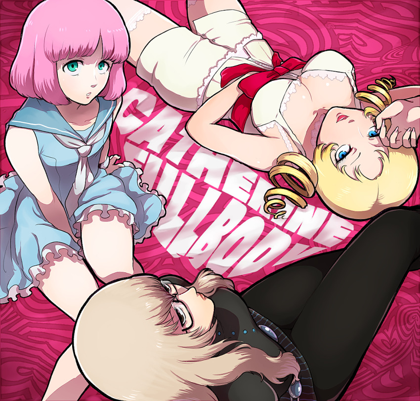 1boy 2girls black_pants black_shirt blonde_hair blue_eyes blue_sailor_collar blue_serafuku bob_cut bracelet breasts brown_eyes brown_hair catherine:_full_body catherine_(atlus_character) catherine_(game) choker cleavage crossdressing dress glasses green_eyes hand_on_own_face hand_on_own_stomach heart hoshi_(star-name2000) jewelry katherine_mcbride long_hair looking_at_viewer multiple_girls necktie pants pink_background pink_hair red_ribbon resting ribbon rin_(catherine) sailor_collar school_uniform serafuku shirt short_dress short_hair short_twintails sitting thighhighs twintails white_choker white_dress white_necktie white_thighhighs