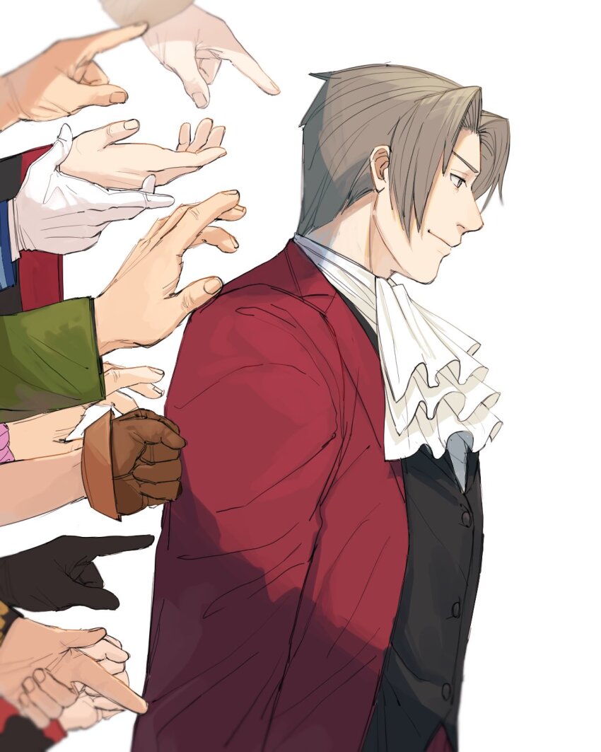 1boy ace_attorney ace_attorney_investigations ace_attorney_investigations_2:_prosecutor&#039;s_gambit ascot black_gloves black_vest brown_gloves dick_gumshoe eddie_fender eustace_winner from_side gloves gregory_edgeworth grey_eyes grey_hair hachi_goma47 highres jacket kay_faraday long_sleeves male_focus miles_edgeworth open_clothes open_jacket out_of_frame parted_bangs pointing profile pushing red_jacket sarushiro_souta shaun_fenn shi-long_lang short_hair smile solo_focus upper_body verity_gavelle vest white_ascot white_background white_gloves