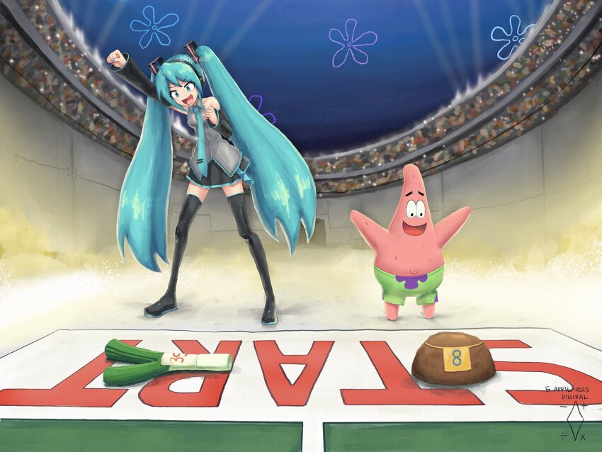 1boy 1girl :d aqua_eyes aqua_nails arm_up arms_up artist_logo artist_name black_boots black_shirt black_skirt black_sleeves blue_sky boots clenched_hand commentary crossover dated detached_sleeves digiral english_commentary full_body green_shorts hatsune_miku logo long_hair open_mouth patrick_star pleated_skirt rock shirt shorts skirt sky sleeveless sleeveless_shirt smile spongebob_squarepants_(series) spring_onion stadium standing starfish thigh_boots twintails v-shaped_eyebrows very_long_hair vocaloid