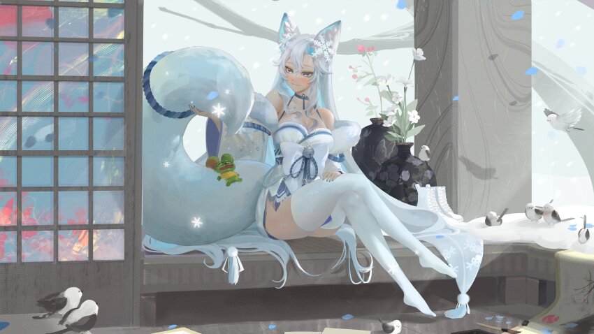 1girl absurdres animal_ear_fluff animal_ears bell bird blue_eyes blue_hair blue_nails blue_petals boots bow boy&#039;s_club breasts cleavage closed_mouth colored_inner_hair falling_petals flower fox_ears fox_girl fox_tail hair_between_eyes hair_ornament highres indie_virtual_youtuber japanese_clothes kimono long_hair multicolored_hair paintbrush pepe_the_frog petals pink_flower qookidoe second-party_source short_kimono shouji sliding_doors smug_alana snowflake_hair_ornament tail tail_ornament thighhighs unworn_boots vase virtual_youtuber white_bow white_flower white_footwear white_hair white_thighhighs