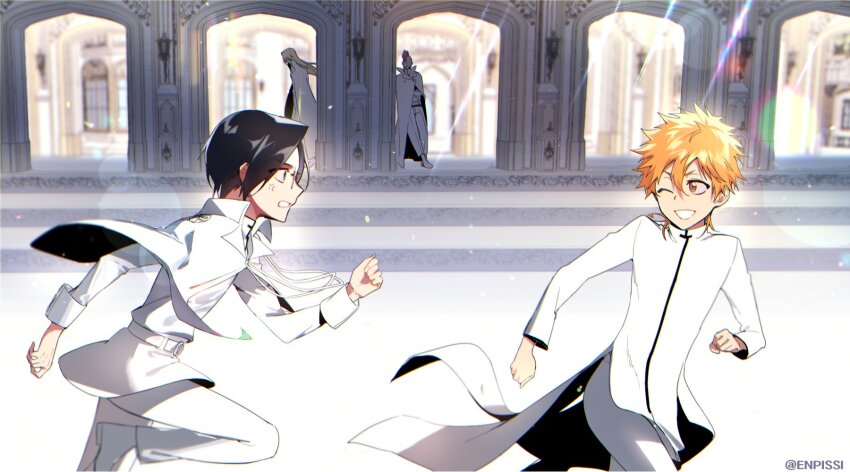 4boys aged_down alternate_universe anger_vein bazz-b black_hair bleach blonde_hair blue_eyes capelet enpissi glasses highres ishida_uryuu jugram_haschwalth kurosaki_ichigo long_sleeves mohawk multiple_boys orange_hair outdoors pants pink_hair running shirt short_hair standing white_pants white_shirt