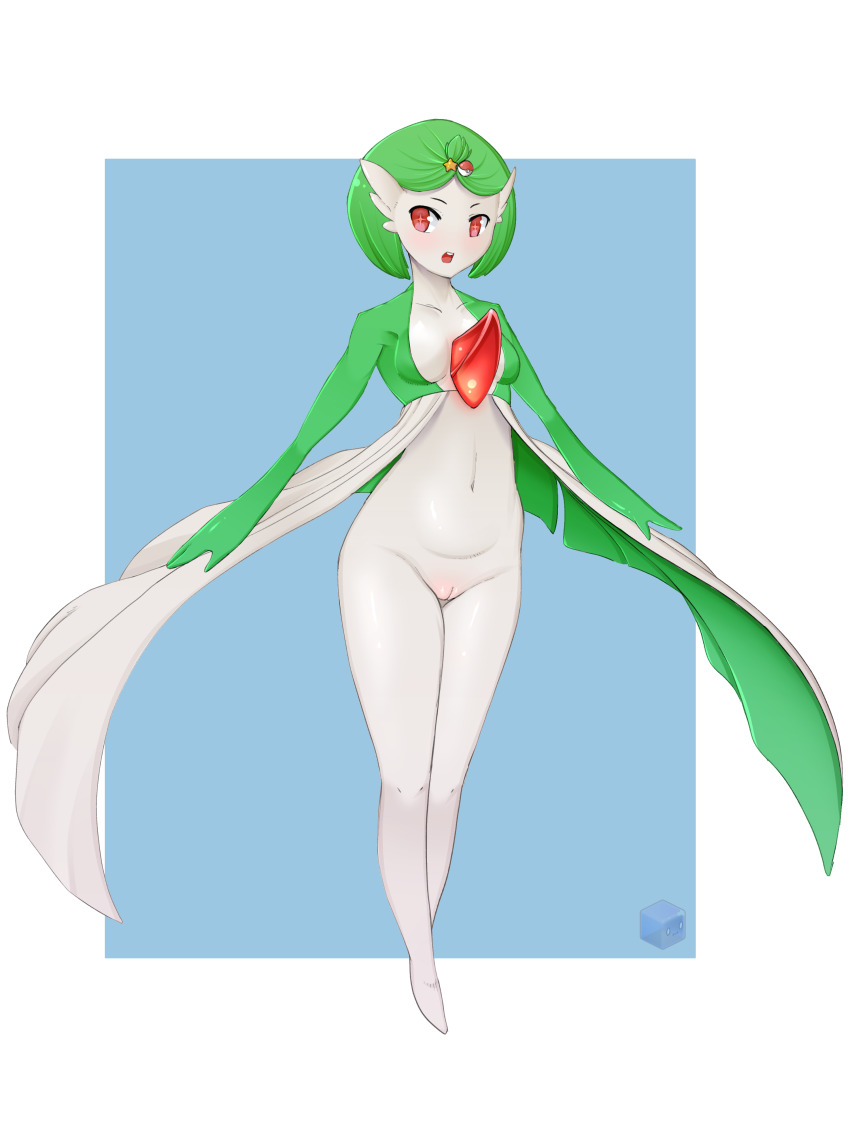 +_+ 1girl absurdres alternate_hairstyle blue_background blush border breasts cleft_of_venus collarbone colored_skin dress female_focus full_body gardevoir gen_3_pokemon green_hair green_skin groin highres hitmanatee legs legs_together looking_to_the_side multicolored_skin navel nintendo no_panties open_clothes open_dress open_mouth outside_border parted_bangs poke_ball_hair_ornament pokemon pokemon_(creature) pussy red_eyes shiny_skin short_hair simple_background small_breasts solo standing star_(symbol) stomach teeth thighs topknot two-tone_skin uncensored watermark white_border white_dress white_skin