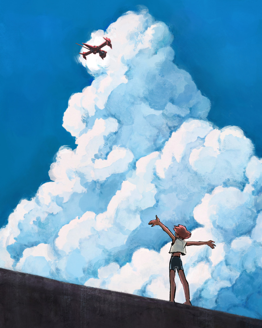 absurdres bike_shorts blue_sky cloud cloudy_sky cowboy_bebop dark-skinned_female dark_skin edward_wong_hau_pepelu_tivrusky_iv highres jasudraws orange_hair outstretched_arms scenery science_fiction sky spread_arms swordfish_ii tomboy