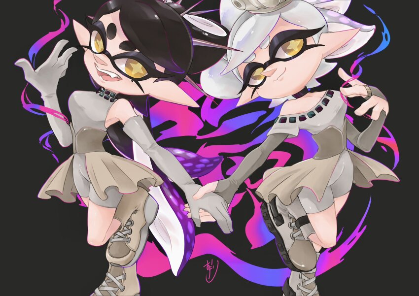 2girls black_choker black_hair black_sleeves boots bow-shaped_hair callie_(grand_festival)_(splatoon) callie_(splatoon) choker colored_tongue commentary_request elbow_gloves fang frilled_skirt frills full_body gloves grey_corset grey_hair hat highres holding_hands inkling long_hair looking_at_viewer marie_(grand_festival)_(splatoon) marie_(splatoon) mole mole_under_eye multicolored_hair multiple_girls nintendo off-shoulder_shirt off_shoulder official_alternate_costume okome_2g2g one_eye_closed open_mouth pointy_ears shirt short_hair simple_background skirt sleeveless sleeveless_shirt splatoon_(series) splatoon_3 star-shaped_pupils star_(symbol) suction_cups swept_bangs symbol-shaped_pupils tentacle_hair thick_eyebrows twintails two-tone_hair very_long_hair white_gloves white_hat white_shirt yellow_eyes