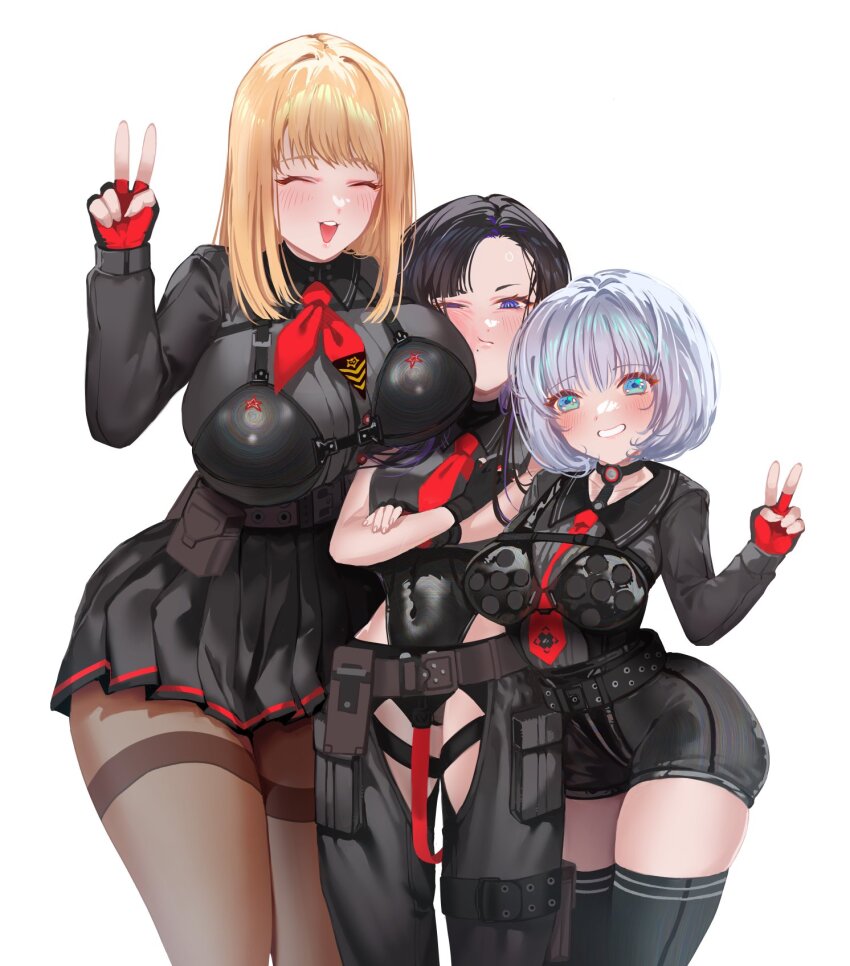 3girls absolute_(nikke) asymmetrical_bangs black_hair black_jacket black_leotard blonde_hair blue_eyes blush boobplate breast_smother breastplate breasts closed_mouth emma_(nikke) eunhwa_(nikke) face_to_breasts forehead fur_cuffs girl_sandwich gloves goddess_of_victory:_nikke grey_hair highres jacket large_breasts leotard long_hair long_sleeves looking_at_viewer mole multiple_girls necktie one_eye_closed open_mouth pantyhose purple_eyes purple_hair red_necktie sakae_nikebaraba sandwiched shirt short_hair smile standing vesti_(nikke)