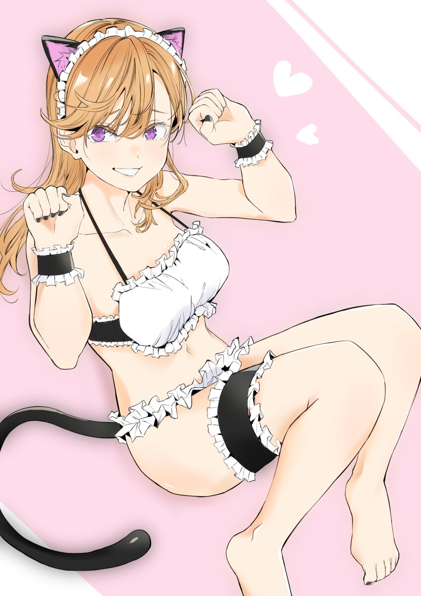 1girl absurdres animal_ears bikini black_nails breasts cat_ears cat_tail collarbone commentary fake_animal_ears fake_tail heart highres looking_at_viewer love_live! love_live!_superstar!! maid maid_bikini maid_headdress medium_breasts medium_hair navel orange_hair paw_pose pink_background purple_eyes shibuya_kanon smile solo swept_bangs swimsuit tail tommer unconventional_maid