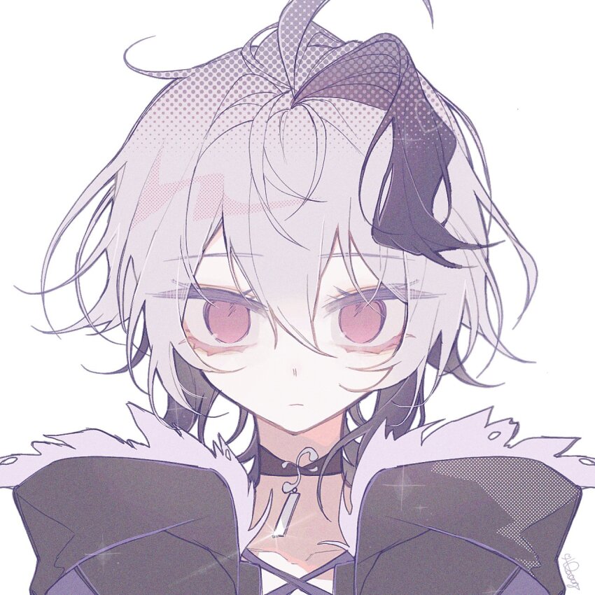 1girl ahoge black_jacket collarbone criss-cross_straps danleu expressionless flower_(gynoid_talk) flower_(vocaloid) fur-trimmed_jacket fur_trim glint gynoid_talk halftone hashtag-only_commentary highres jacket looking_at_viewer multicolored_hair pendant_choker portrait purple_eyes purple_hair short_hair signature simple_background solo sparkle straight-on streaked_hair two-tone_hair vocaloid white_background white_hair