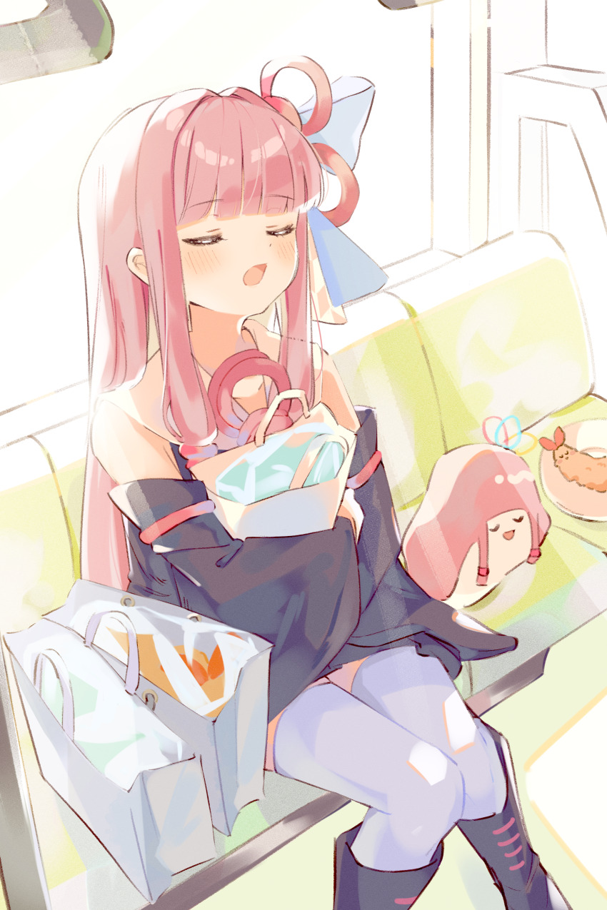 1girl absurdres bag blush closed_eyes detached_sleeves food hair_ornament highres holding holding_bag kotonoha_akane long_hair long_sleeves open_mouth pink_hair plate sailor_collar seyanaa shopping_bag shrimp shrimp_tempura sitting sleeping solo sunlight tempura thighhighs train_interior voiceroid wide_sleeves yojine