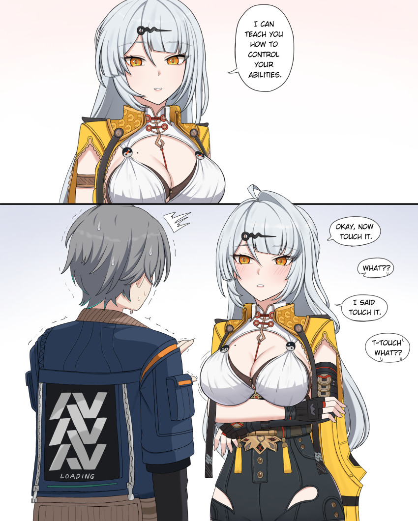1boy 1girl 2koma ^^^ absurdres asymmetrical_gloves black_gloves blush breasts cleavage clothing_request comic crossed_arms elbow_gloves english_text fingerless_gloves gloves grey_hair hair_ornament highres large_breasts long_hair mole mole_on_breast na_(naneesan1) nervous orange_hair parted_lips short_hair simple_background smile speech_bubble sweat trembling uneven_gloves white_background wise_(zenless_zone_zero) yi_xuan_(zenless_zone_zero) yin_yang zenless_zone_zero