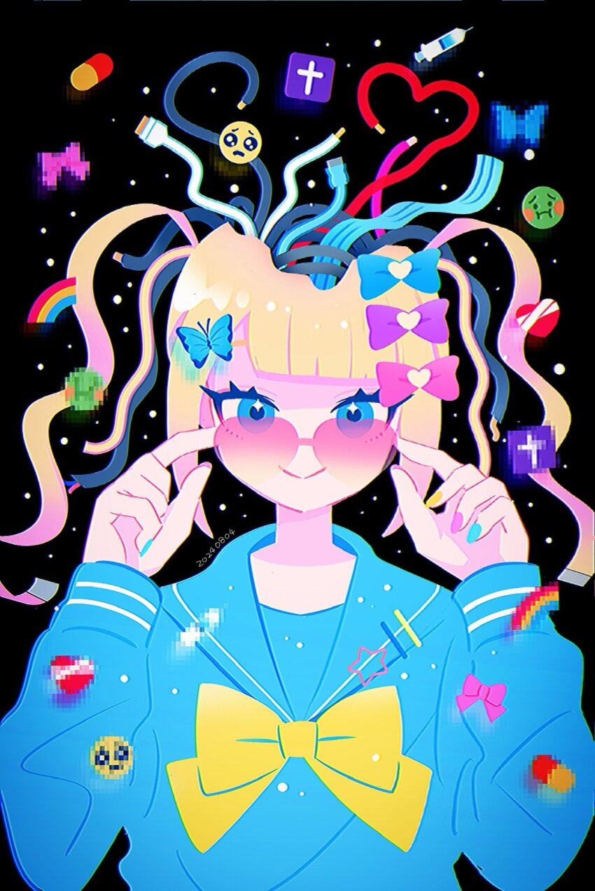 1girl black_background blonde_hair blue_bow blue_eyes blue_shirt bow bug butterfly cable chouzetsusaikawa_tenshi-chan chuchu_(gokigen_xd) closed_mouth commentary cross hair_bow hands_on_eyewear hands_up heart heart-shaped_eyewear highres insect long_hair long_sleeves looking_at_viewer nail_polish needy_girl_overdose pill pink_bow purple_bow rainbow sailor_collar shirt smile solo split_head sunglasses symbol-only_commentary syringe upper_body