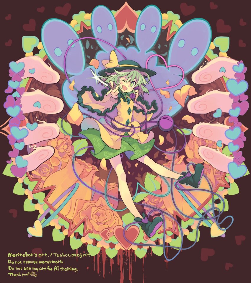1girl :d ankle_boots artist_name bare_legs black_boots black_hat blood blouse boots bow buttons commentary diamond_(shape) diamond_button english_text fingerprint floral_print flower frilled_shirt_collar frilled_sleeves frills full_body green_eyes green_hair green_skirt hat hat_bow heart heart_of_string highres holding holding_knife holding_phone japanese_urban_legends knife komeiji_koishi leaf long_sleeves looking_at_viewer morino_hon one_eye_closed open_mouth orange_flower orange_rose petals phone rose rose_petals rose_print shirt short_hair skirt smile solo sparkle symbol-only_commentary third_eye touhou urban_legend_in_limbo wide_sleeves yellow_bow yellow_shirt