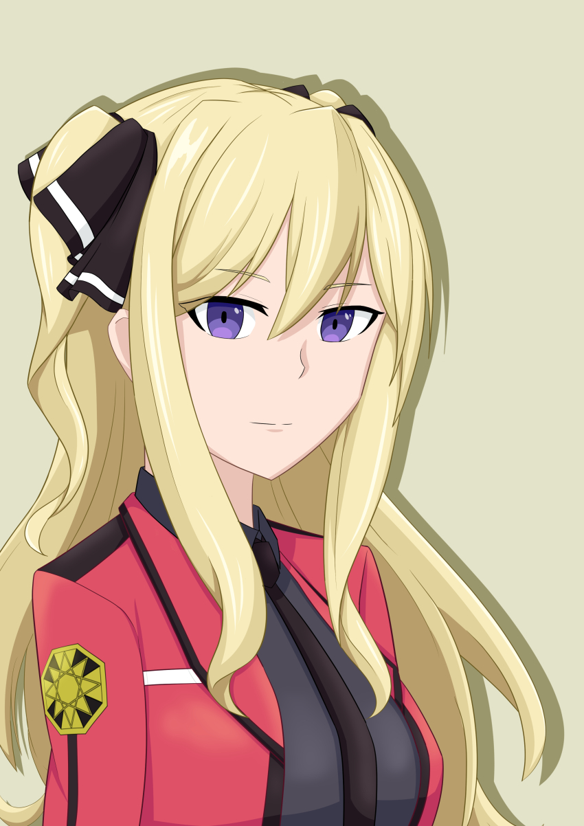 1girl absurdres black_bow black_necktie black_shirt blonde_hair bow breasts closed_mouth collared_shirt commentary_request double-parted_bangs drop_shadow emblem hair_between_eyes hair_bow highres isshiki_airi jacket lapels long_bangs long_hair looking_at_viewer mahouka_koukou_no_rettousei necktie open_clothes open_jacket purple_eyes red_jacket school_uniform shawl_lapels shirayuki_rinne shirt simple_background solo third_high_school_uniform two_side_up upper_body yellow_background