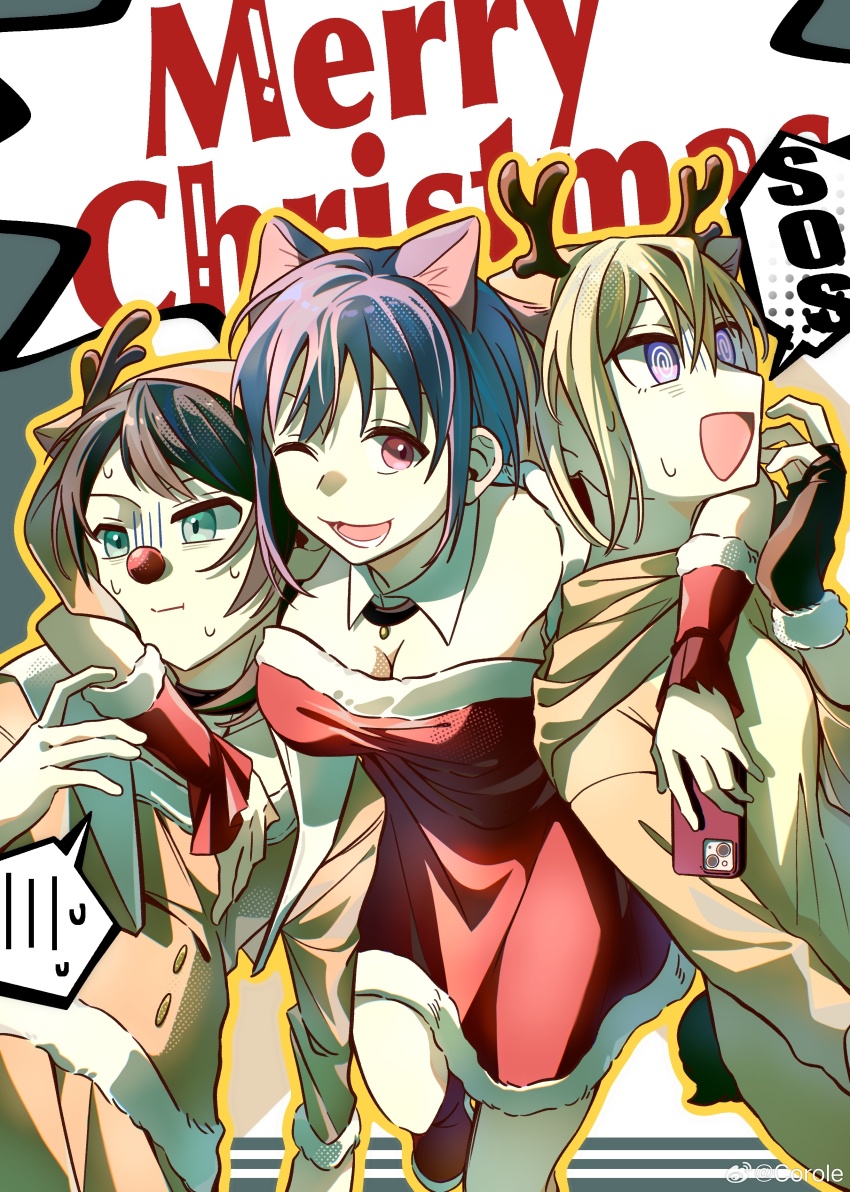 3girls @_@ absurdres animal_costume animal_ears antlers bang_dream! bang_dream!_it&#039;s_mygo!!!!! bare_shoulders black_gloves black_hair blonde_hair blue_eyes breasts cat_ears chinese_commentary cleavage commentary commentary_request cosplay detached_sleeves dress english_commentary fingerless_gloves gloves highres horns kemonomimi_mode large_breasts medium_hair merry_christmas misumi_uika mixed-language_commentary multiple_girls one_eye_closed open_mouth pink_eyes purple_eyes purple_hair red_dress reindeer_antlers reindeer_costume rudolph_the_red_nosed_reindeer rudolph_the_red_nosed_reindeer_(cosplay) santa_costume santa_dress short_hair smile sos spoken_blush sweat watermark weibo_watermark yahata_umiri yui_k_(yuik48074789) yuutenji_nyamu