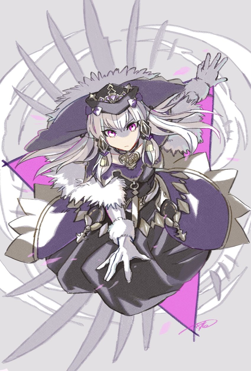 1girl batoson54 black_hat closed_mouth dress fire_emblem fire_emblem:_three_houses fire_emblem_heroes fur_trim gloves hair_ornament hat highres long_hair lysithea_von_ordelia lysithea_von_ordelia_(a_new_future) nintendo pink_eyes solo white_gloves white_hair