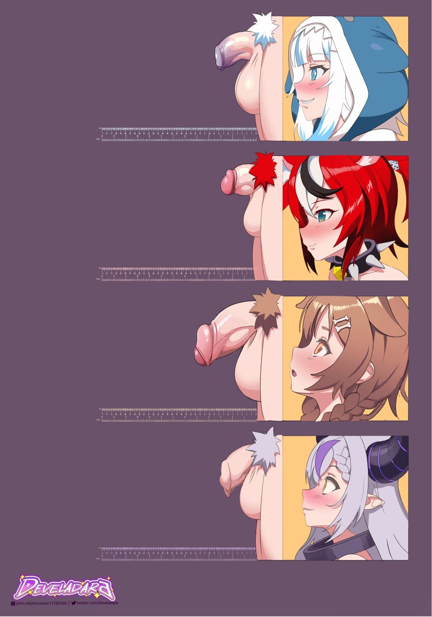 4futa absurdres animal_ears animal_hood black_hair black_horns blue_eyes blue_hair blunt_bangs blush bone_hair_ornament brown_hair closed_mouth collar develadara dog_ears dog_girl female_pubic_hair flaccid foreskin futanari gawr_gura gawr_gura_(1st_costume) grey_hair grin hair_ornament hakos_baelz hakos_baelz_(1st_costume) highres hololive hololive_english hood hood_up horns inugami_korone la+_darknesss large_testicles long_hair mouse_ears mouse_girl multicolored_hair multiple_futa open_mouth penis penis_chart phimosis pointy_ears pubic_hair purple_hair red_hair shark_girl shark_hood sidelocks small_penis smile spiked_collar spikes streaked_hair testicles uncensored virtual_youtuber white_hair yellow_eyes