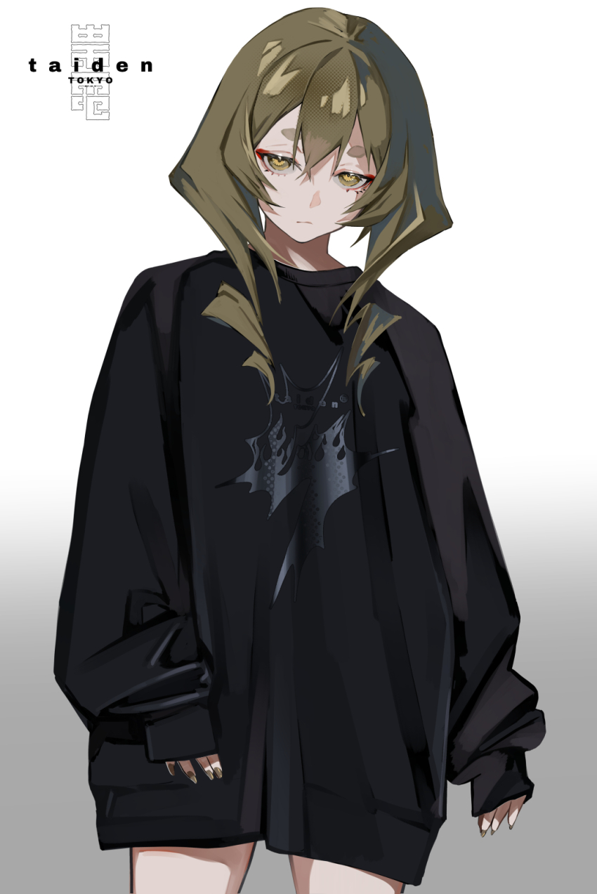 1girl black_shirt brown_eyes brown_hair closed_mouth gradient_background grey_background highres lam_(ramdayo) long_hair long_sleeves looking_at_viewer original puffy_long_sleeves puffy_sleeves shirt short_eyebrows sleeves_past_wrists solo thick_eyebrows white_background