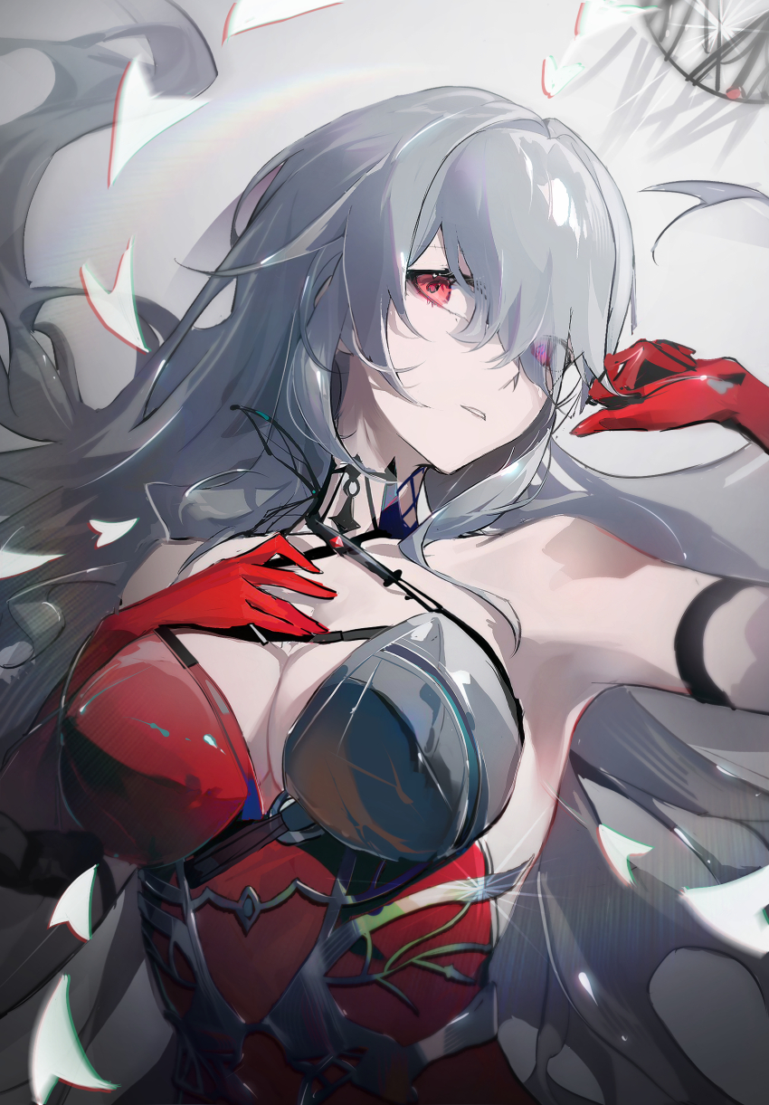 1girl absurdres arknights armpits bare_shoulders breasts chromatic_aberration cleavage dress eyes_visible_through_hair glint gloves hair_over_one_eye hair_spread_out halter_dress halterneck hand_on_own_chest highres large_breasts long_hair lying official_alternate_costume on_back red_dress red_eyes red_gloves refa skadi_(arknights) skadi_the_corrupting_heart_(arknights) skadi_the_corrupting_heart_(red_countess)_(arknights) solo strapless strapless_dress