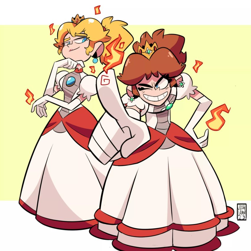 2girls aqua_eyes artist_name blonde_hair breasts brooch brown_hair commentary crown dress earrings elbow_gloves english_commentary fire fire_daisy fire_peach flower_earrings gloves grin hand_on_own_hip highres jewelry joshdamn23 looking_at_another mario_(series) mini_crown multiple_girls nintendo one_eye_closed pink_lips pointy_ears ponytail princess_daisy princess_peach puffy_short_sleeves puffy_sleeves pyrokinesis raised_eyebrow ribbon short_sleeves signature simple_background smile super_mario_3d_world super_mario_land thick_eyebrows white_background white_dress white_gloves