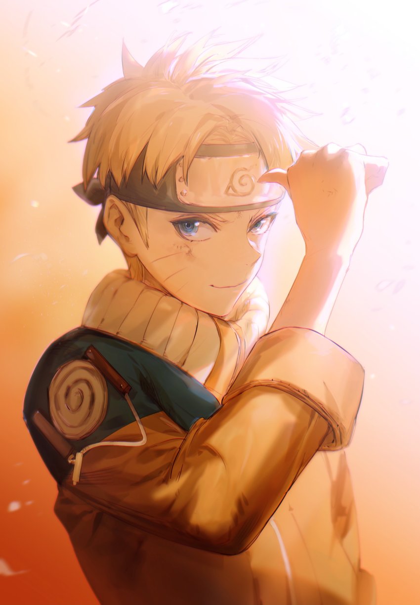 1boy absurdres ashorz bad_id bad_twitter_id blonde_hair blue_eyes child commentary_request facial_mark forehead_protector gradient_background highres jumpsuit looking_at_viewer male_focus naruto_(classic) naruto_(series) ninja orange_jumpsuit short_hair straight-on uzumaki_naruto