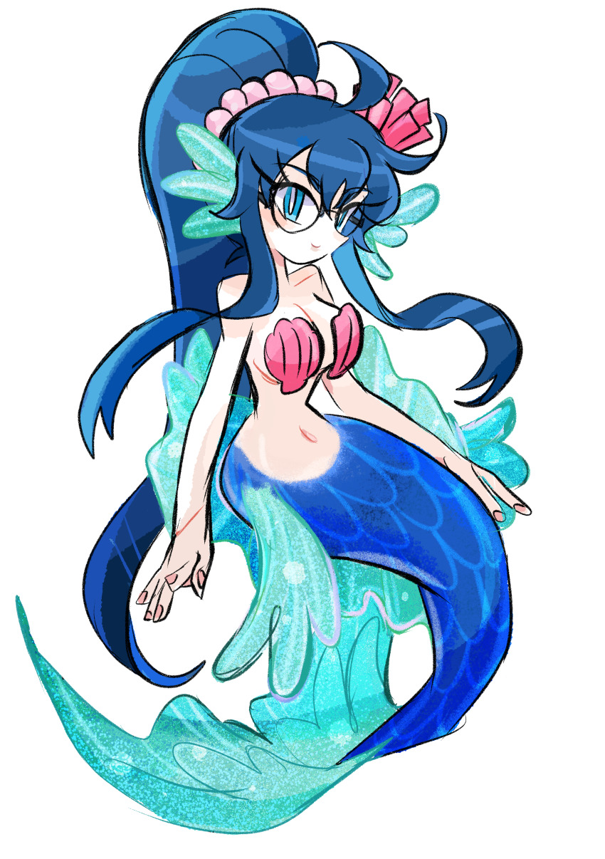 1girl absurdres blue_eyes blue_hair bright_pupils closed_mouth commentary_request commission eyelashes full_body fuuko_(kazeoceantide) glasses highres long_eyelashes long_hair mermaid monster_girl navel original pixiv_commission ponytail rakugaki_shitagari-ya shell shell_bikini sidelocks smile solo stomach transparent_background very_long_hair white_pupils