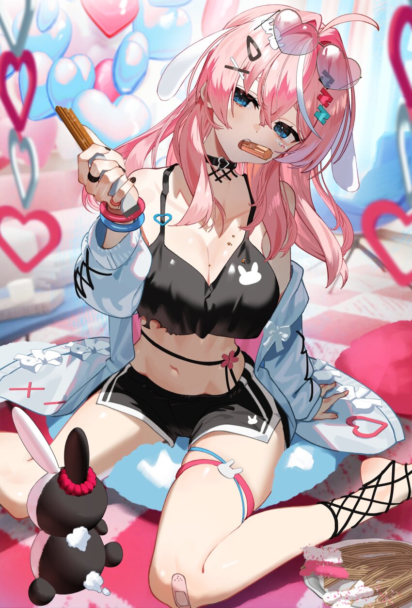 1girl absurdres balloon bare_shoulders bell black_nails black_shorts blue_eyes breasts cleavage dolphin_shorts eyewear_on_head fishnet_socks fishnets food food_on_face hair_between_eyes hair_ornament hand_up heart heart-shaped_eyewear heart_balloon highres holding holding_food indie_virtual_youtuber jacket large_breasts long_hair long_sleeves looking_at_viewer mixed-language_commentary mouth_hold navel neck_bell open_clothes open_jacket open_mouth pink_hair sakuragi_meu scottie_(phantom2) second-party_source short_shorts shorts sitting skindentation socks stomach thigh_strap virtual_youtuber