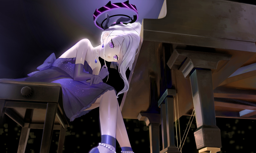 1girl absurdres bare_shoulders bent_over blue_archive closed_mouth demon_girl demon_horns dress earrings elbow_gloves from_below gloves hair_bun highres hina_(blue_archive) hina_(dress)_(blue_archive) horns instrument jewelry looking_at_viewer necklace nekon_(nyanekon) on_stool pantyhose piano purple_dress purple_eyes purple_gloves purple_pantyhose purple_shoes shoes sitting white_hair