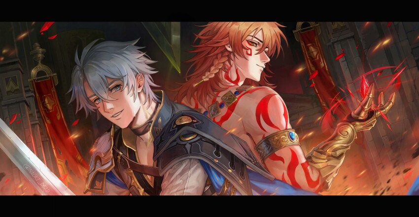 2boys absurdres antenna_hair arm_tattoo armlet armor back-to-back back_tattoo black_choker black_shirt blonde_hair blue_cape blue_eyes braid cape choker clawed_gauntlets coat crystal facial_tattoo gradient_hair hair_between_eyes highres honkai:_star_rail honkai_(series) jewelry male_focus medium_hair multicolored_hair multiple_boys mydei_(honkai:_star_rail) naoki_dead neck_tattoo parted_bangs pauldrons phainon_(honkai:_star_rail) red_hair red_tattoo shirt short_hair shoulder_armor side_braid single_pauldron tattoo white_coat white_hair yellow_eyes