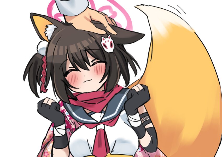 1girl animal_ear_fluff animal_ears blue_archive brown_hair clenched_hands closed_eyes closed_mouth detached_collar eyebrows_hidden_by_hair fox_ears fox_tail hair_ornament hairpin halo headpat highres izuna_(blue_archive) japanese_clothes kimono neck_ribbon nomeshi pink_halo pink_kimono print_kimono red_scarf ribbon scarf school school_uniform simple_background skirt sleeveless smile tail white_background