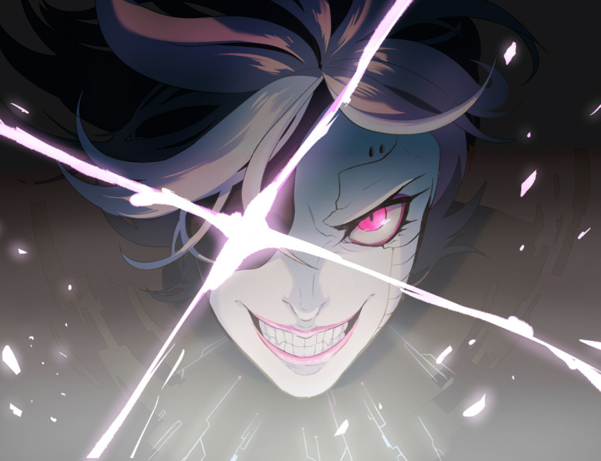 1boy android black_hair colored_skin glowing glowing_eye grey_skin grin male_focus mettaton mettaton_neo portrait purple_eyes redlhzz smile solo spoilers teeth undertale