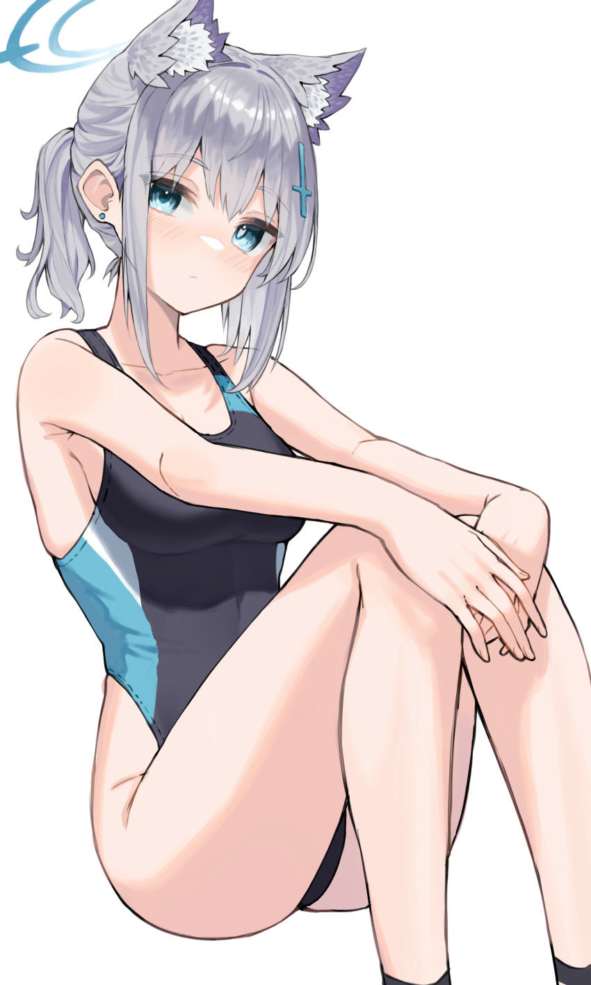 1girl absurdres animal_ear_fluff animal_ears bare_arms bare_shoulders black_one-piece_swimsuit blue_archive breasts competition_swimsuit earrings grey_hair halo highres jewelry looking_at_viewer medium_breasts official_alternate_costume one-piece_swimsuit ponytail scarlet23i0 shiroko_(blue_archive) shiroko_(swimsuit)_(blue_archive) short_hair short_ponytail simple_background sitting solo swimsuit white_background wolf_ears