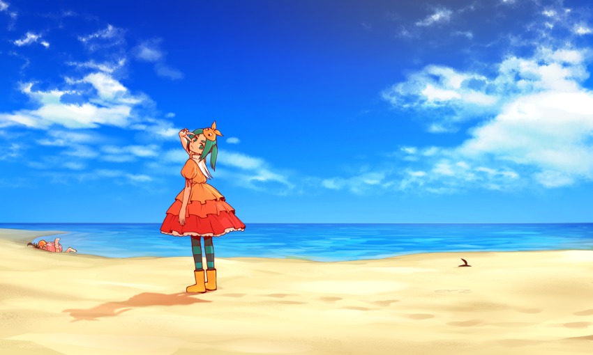 10s 1boy 2girls ahoge araragi_koyomi beach blue_sky boots buried cloud day drawfag dress green_hair hachikuji_mayoi hat highres long_hair looking_at_viewer looking_back md5_mismatch monogatari_(series) multiple_girls nisemonogatari ocean ononoki_yotsugi orz_(orz57) outdoors pantyhose rubber_boots shaft_look sky standing striped_clothes striped_legwear striped_pantyhose twintails v