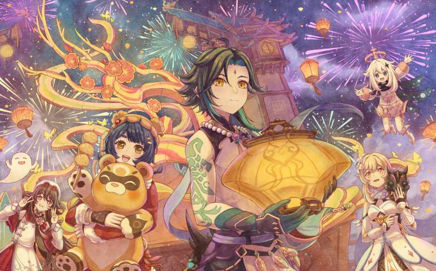 1boy 4girls :d ^_^ aerial_fireworks arm_tattoo artist_name bare_shoulders black_cape black_eyes black_hair blush boo_tao_(genshin_impact) breasts brown_hair brown_hat cape closed_eyes commentary cowlick detached_sleeves double_v dress english_commentary facial_mark fireworks floating flower-shaped_pupils food forehead_mark fried_radish_balls_(genshin_impact) genshin_impact gloves green_gloves guoba_(genshin_impact) hair_between_eyes hair_ornament halo hands_up hat highres holding holding_food holding_lantern holding_mask hu_tao_(cherries_snow-laden)_(genshin_impact) hu_tao_(genshin_impact) krisichiki lantern long_hair long_sleeves lumine_(genshin_impact) mask medium_breasts medium_hair multiple_girls night night_sky open_mouth outdoors paimon_(genshin_impact) paper_lantern parted_lips red_eyes sky sleeveless sleeveless_dress smile standing star_(symbol) star_hair_ornament symbol-shaped_pupils tattoo teeth twintails upper_teeth_only v very_long_hair white_dress white_hat white_romper white_sleeves xiangling_(genshin_impact) xiangling_(new_year&#039;s_cheer)_(genshin_impact) xiao_(genshin_impact) yellow_eyes