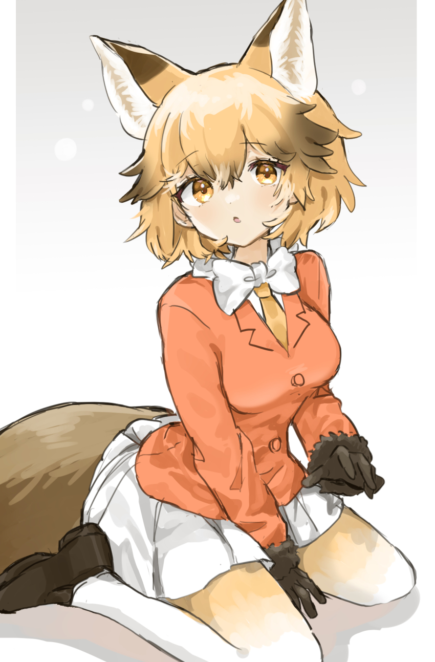 1girl alternate_hair_length alternate_hairstyle animal_ears black_gloves black_hair black_shoes blonde_hair border bow bowtie commentary_request ezo_red_fox_(kemono_friends) fox_ears fox_girl fox_tail full_body fur-trimmed_sleeves fur_trim gloves gradient_background grey_background hair_flaps highres jacket kemono_friends long_sleeves looking_at_viewer megumi_222 multicolored_hair necktie orange_jacket pantyhose parted_lips shoes sitting skirt solo streaked_hair tail two-tone_background two-tone_pantyhose wariza white_background white_border white_bow white_bowtie white_pantyhose white_skirt yellow_eyes yellow_necktie yellow_pantyhose