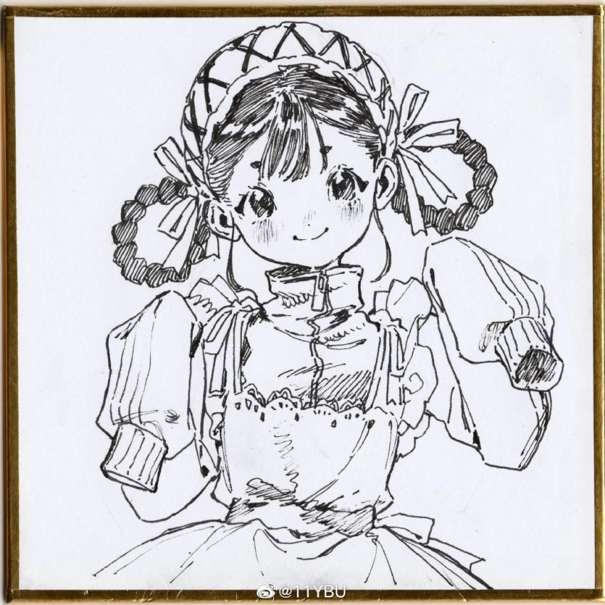 1girl apron back_bow blunt_bangs bow braid braided_hair_rings closed_mouth cowboy_shot dot_nose eyelashes frilled_apron frills fur-trimmed_headwear fur_trim greyscale hair_ribbon hair_rings hands_up happy hat hidari_(nanmu-left) jacket lace-trimmed_apron lace_trim light_blush monochrome original ribbon short_hair simple_background skirt sleeves_past_fingers sleeves_past_wrists smile solo striped_clothes striped_skirt tareme traditional_media turtleneck turtleneck_jacket vertical-striped_clothes vertical-striped_skirt watermark weibo_watermark white_background zipper zipper_pull_tab
