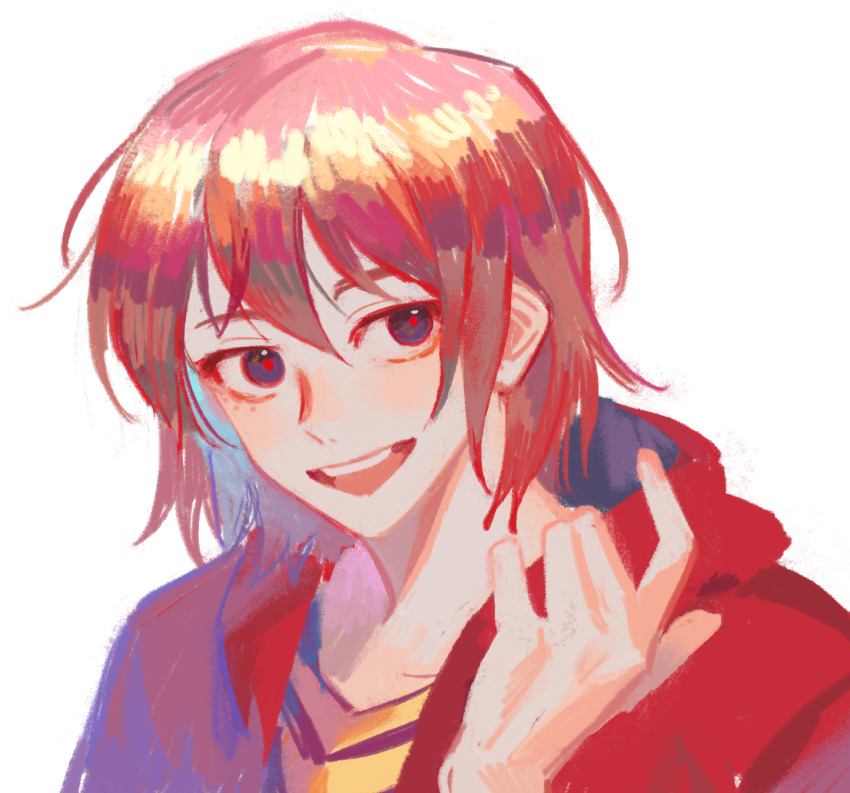 1boy black_eyes bright_pupils brown_hair hair_between_eyes hand_up highres hood hood_down hooded_jacket hsh7955 jacket male_focus miwa_teita open_clothes open_jacket open_mouth portrait red_jacket red_pupils saibou_shinkyoku shirt simple_background smile solo teeth upper_teeth_only white_background yellow_shirt