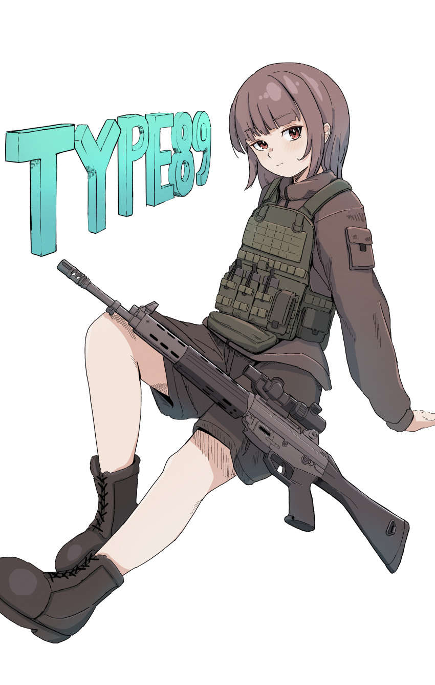 1girl absurdres assault_rifle brown_eyes brown_hair brown_jacket brown_shorts chest_rig english_text expressionless gun highres howa_type_89 jacket looking_at_viewer okapi_(yomaigoto) original rifle scope short_hair shorts sitting solo weapon white_background