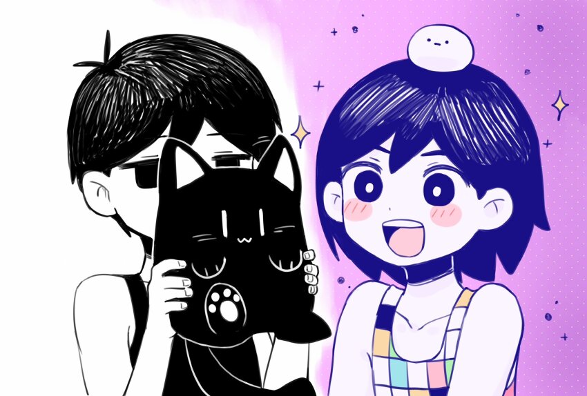2boys :d animal antenna_hair bare_arms bare_shoulders black_cat black_eyes black_tank_top blush bright_pupils cat checkered_clothes collarbone colored_skin double-parted_bangs fingernails hair_behind_ear hair_between_eyes hands_up hashtag-only_commentary hector_(omori) highres holding holding_animal holding_cat ja6m6 kel_(headspace)_(omori) kel_(omori) looking_at_animal male_focus mewo multiple_boys no_pupils omori omori_(omori) open_mouth pet_rock polka_dot polka_dot_background purple_background purple_eyes purple_hair rock short_hair simple_background smile sparkle tank_top teeth tongue upper_body upper_teeth_only white_background white_pupils white_skin