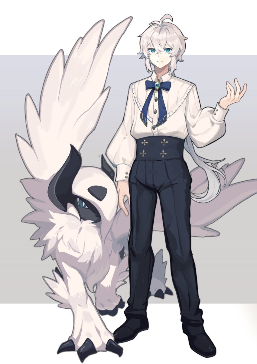 1boy absol ahoge asymmetrical_horns black_pants black_shoes blue_bow blue_bowtie blue_brooch blue_eyes blue_gemstone bow bowtie bright_pupils claws collared_shirt full_body gem gen_3_pokemon highres horns lanjiujiu long_hair looking_at_viewer male_focus mega_absol mega_pokemon neck_fur nintendo one_eye_covered pants pokemon pokemon_(creature) shirt shoes simple_background standing white_background white_fur white_hair white_pupils white_shirt white_wings wings