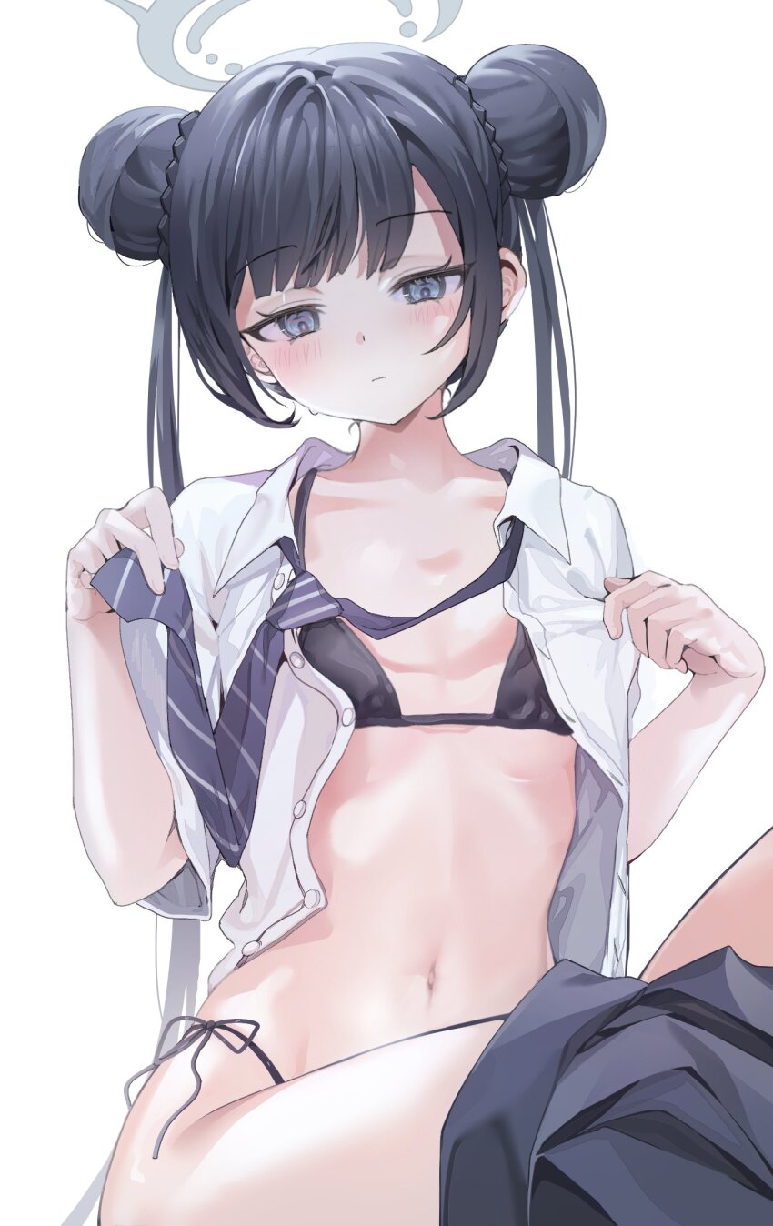 1girl :| bikini black_bikini black_hair black_necktie black_skirt blue_archive bun_with_braided_base buttons closed_mouth collarbone collared_shirt cowboy_shot dot_nose double_bun facing_viewer flat_chest grey_eyes grey_halo hair_bun halo highres jitome kisaki_(blue_archive) kisaki_(school_uniform)_(blue_archive) laseri light_blush long_hair looking_down micro_bikini navel necktie parted_bangs pleated_skirt shirt side-tie_bikini_bottom simple_background sitting skirt solo straight_hair striped_clothes sweatdrop swimsuit thighs twintails undressing vertical-striped_clothes vertical-striped_necktie very_long_hair white_background white_shirt