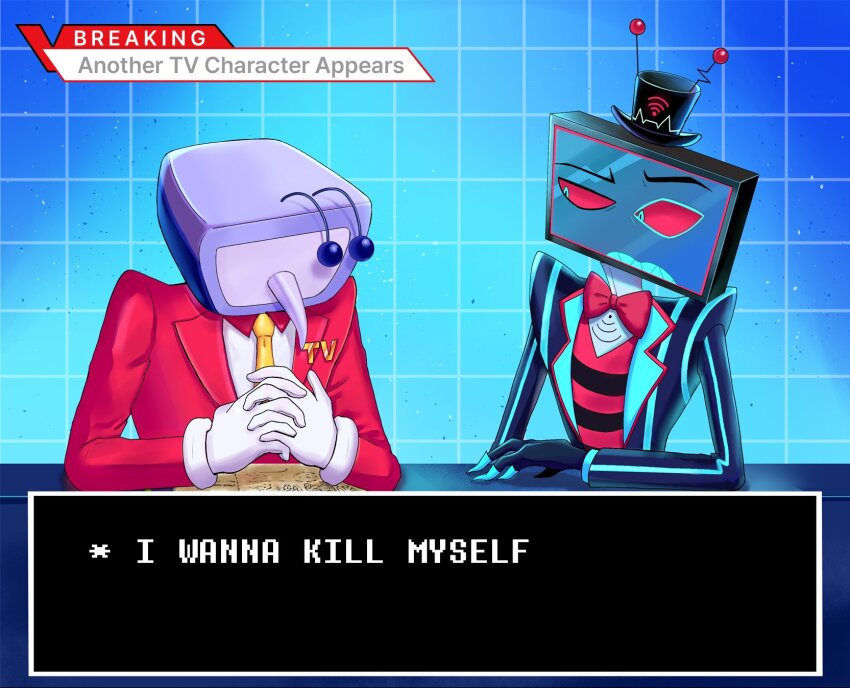 2boys ant_tenna arm_on_table blue_eyes blue_jacket bow bowtie claws colored_sclera commentary crossover crt deltarune english_commentary english_text gloves hat hazbin_hotel highres jacket male_focus mini_hat multiple_boys necktie object_head peru31224 pointy_nose red_bow red_bowtie red_jacket red_sclera sharp_teeth striped_clothes striped_vest teeth trait_connection vest vox_(hazbin_hotel) white_gloves yellow_necktie