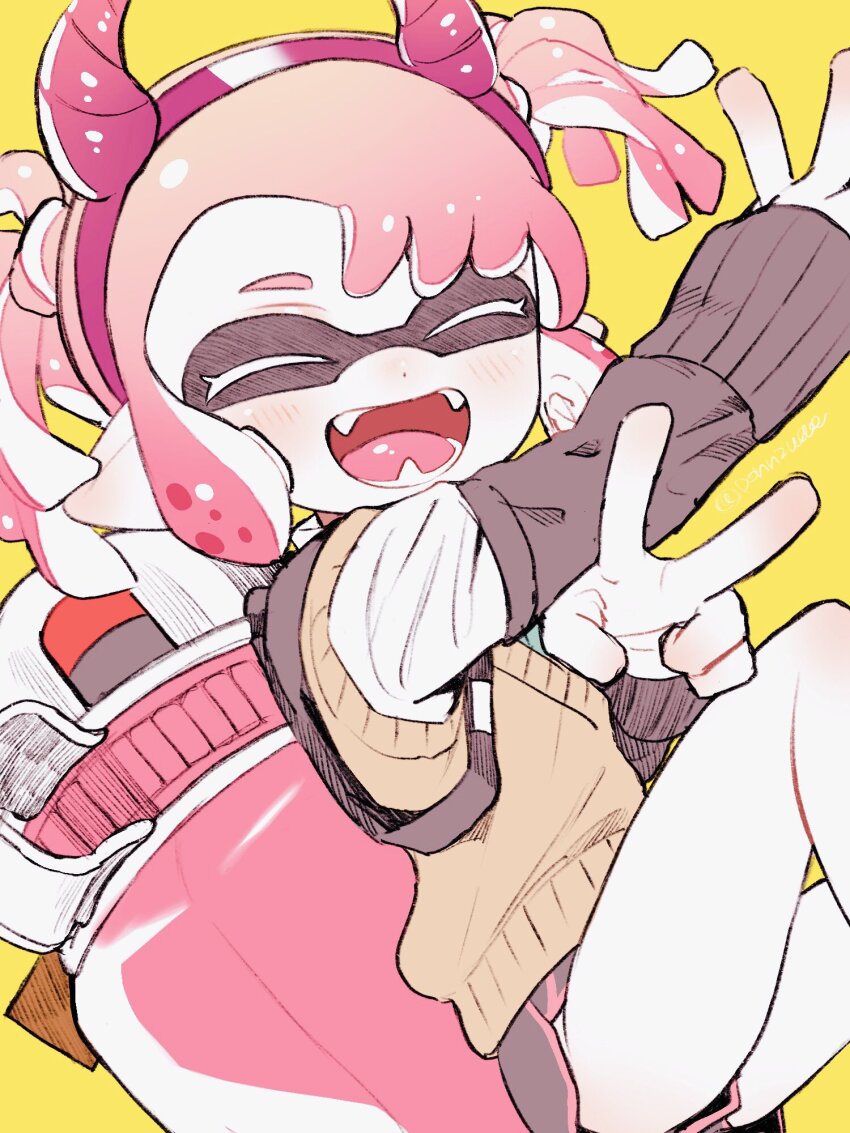 1girl amezawa_koma black_arm_warmers black_shorts closed_eyes commentary_request dolphin_shorts dot_nose double_v facing_viewer fake_horns fangs green_necktie hairband highres horn_hairband horns ink_tank_(splatoon) inkling inkling_girl inkling_player_character long_sleeves necktie nintendo open_mouth pink_hair pink_hairband pink_horns pointy_ears shirt short_hair short_twintails shorts sidelocks smile solo splatoon_(series) sweater_vest swept_bangs tentacle_hair twintails v white_shirt yellow_background yellow_sweater_vest