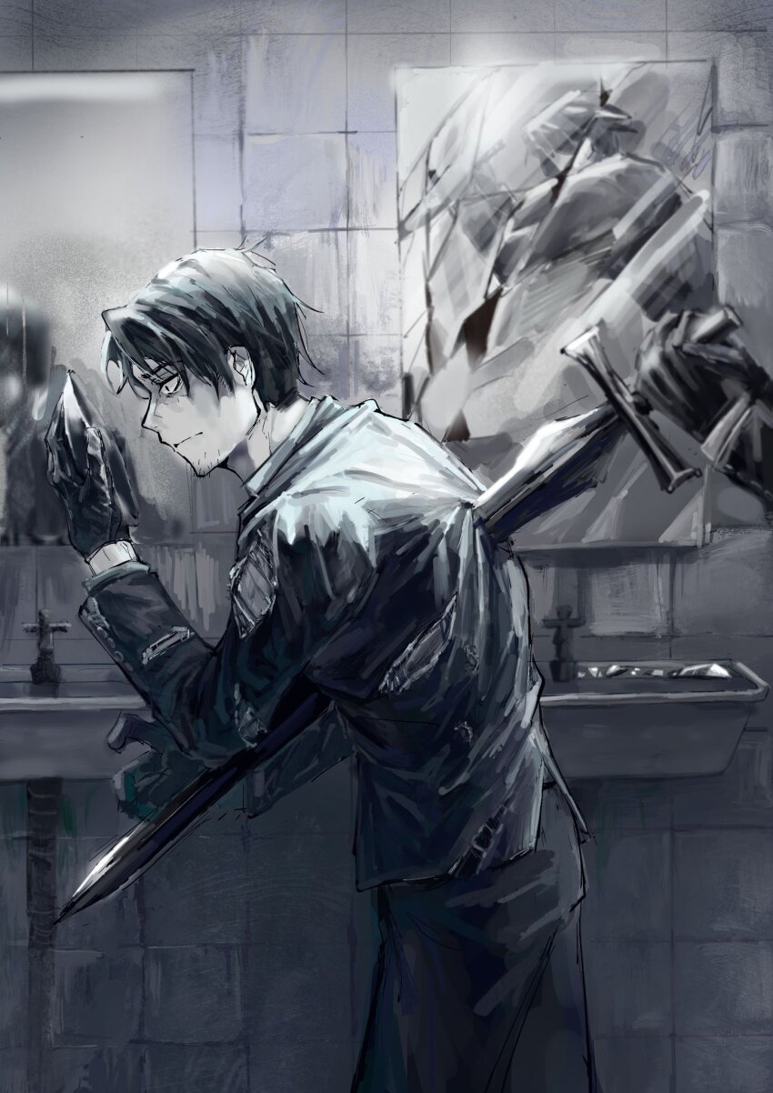 2boys :| bathroom black_gloves black_hair black_suit broken_glass claw_pose closed_mouth constricted_pupils cowboy_shot curtained_hair dual_persona facial_hair faucet formal_clothes from_side full_mask glass gloves goatee_stubble highres holding holding_sword holding_weapon impaled library_of_ruina mirror multiple_boys out_of_frame project_moon reflective_surface roland_(project_moon) sink stab stubble suit sword tile_wall tiles torn_clothes weapon wuruko
