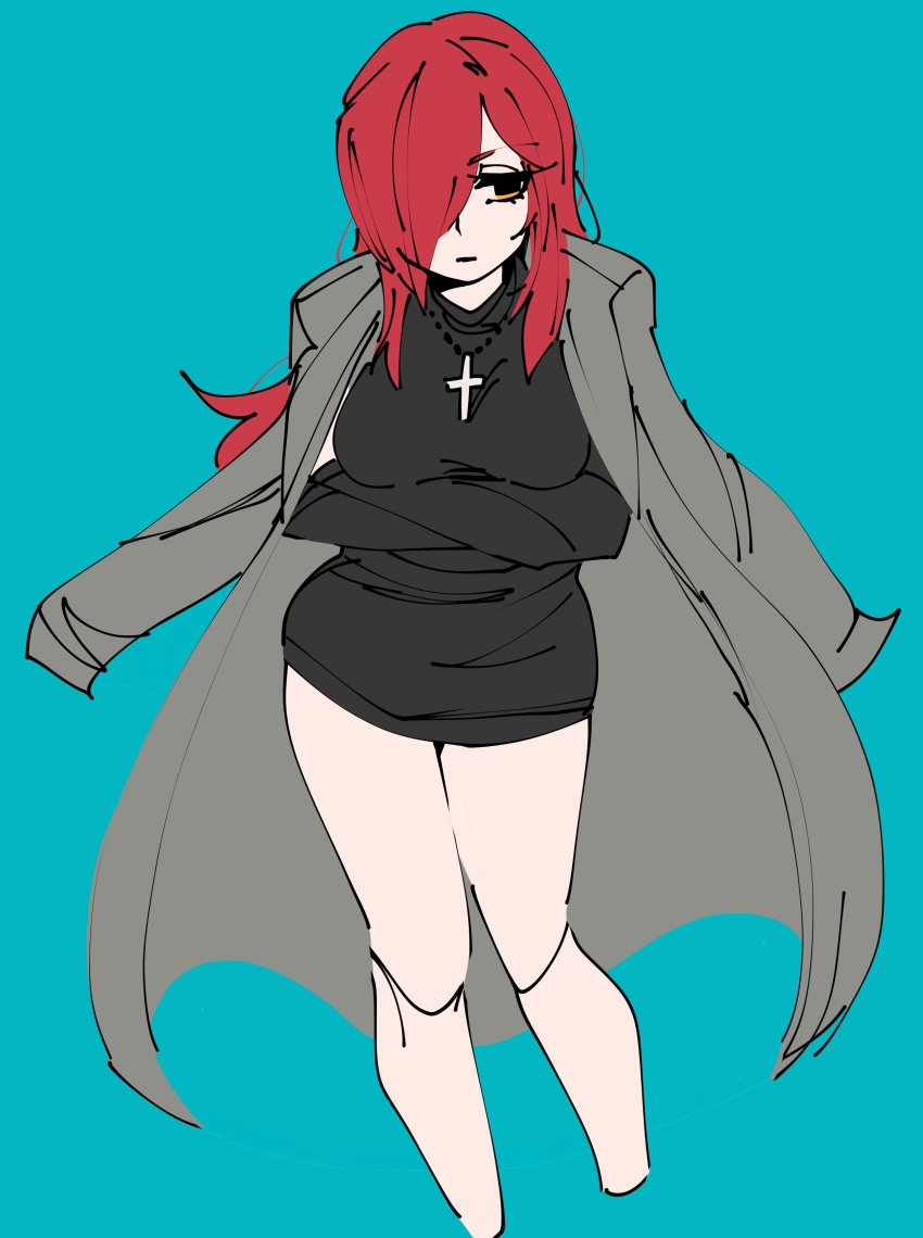 1girl absurdres blue_background cowboy_shot cross cross_necklace crossed_arms hair_over_one_eye highres jacket jacket_on_shoulders jewelry looking_to_the_side necklace parasoul_(skullgirls) red_hair sabi skirt skullgirls solo sweater turtleneck turtleneck_sweater yellow_eyes