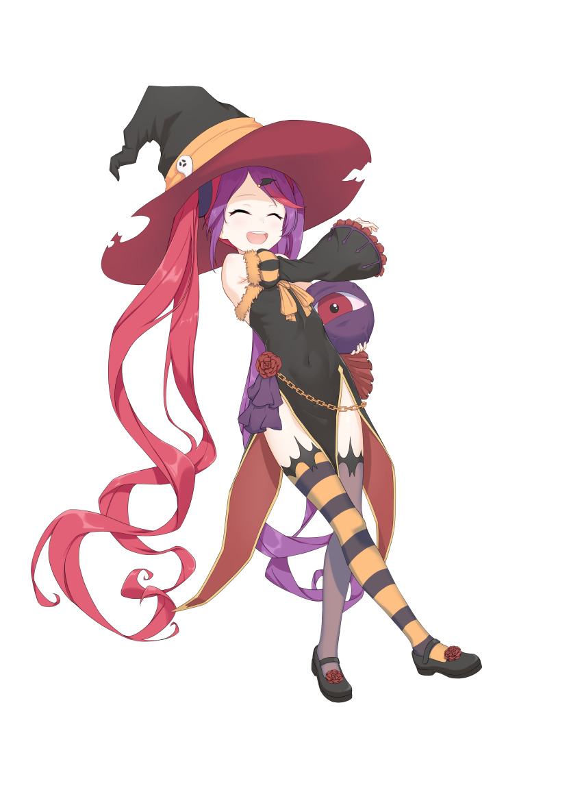 1girl absurdres closed_eyes covered_navel creature detached_sleeves dress flat_chest flower full_body hat highres horizontal-striped_thighhighs long_hair mary_janes misaki_(halloween)_(princess_connect!) misaki_(princess_connect!) multicolored_hair open_mouth princess_connect! purple_hair red_hair ribbonsnek rose shoes side_slit smile solo transparent_background twintails two-tone_hair very_long_hair witch witch_hat